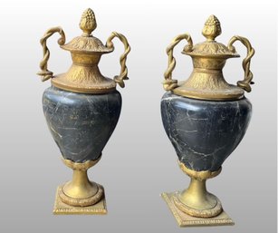 Pair Of Louis XV Style Large Black Marble And Gilt Metal Urns