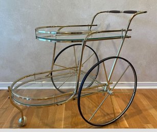 Italian Mid Century Brass And Glass Rolling Bar Cart