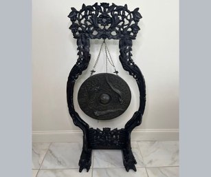 Vintage Chinese Bronze Gong On Carved Wood Stand