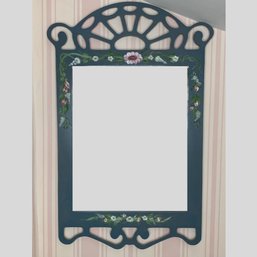 Blue Painted Carved Wood Mirror With Floral Hand Painted Decoration