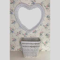 White Wicker Heart-shaped Wall Mirror And Wastebasket