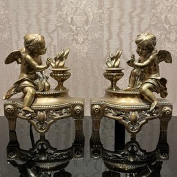 Neoclassical Style Brass Andirons With Putto, 20th Century