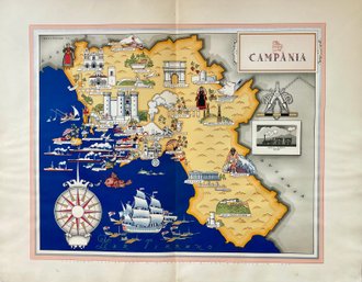 Prof. Giovanni De Agostini, 'Campania ' Pictorial Map Print From The Portfolio Image Italia, 1939