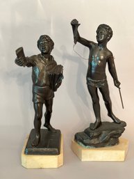 Two Spelter Statuettes: One Of Boy Fishing And One Of Boy With Books, C. Early-mid 20th C