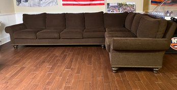 Two Piece Sectional Sofa In Brown Chenille With Nailhead Trim