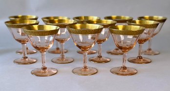 Set Of 12 Pink Wine Glasses With Gilt Rims, Mid-20th Century