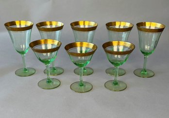 Partial Set Of 8 Green Wine Glasses With Gold Rims, Mid 20th Century