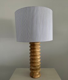 Turned Wood Lamp With Nautical Style Cotton Blue And White Stripe Shade