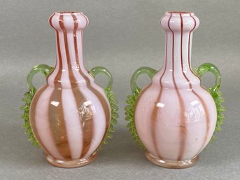 Pair Of Art Glass Handled Bud Vases, Possibly Murano