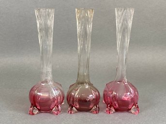 Three Pink And Clear Footed Art Glass Bud Vases