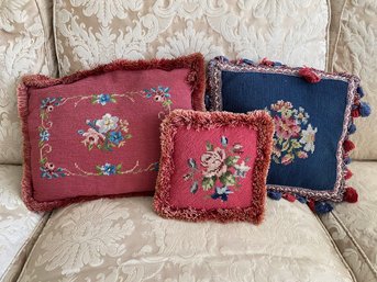 Three Needlepoint  Pillows With Velvet Backing