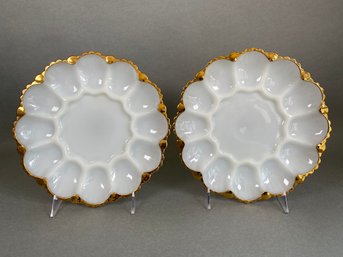 Pair Of Vintage Milk Glass Deviled Egg Plates