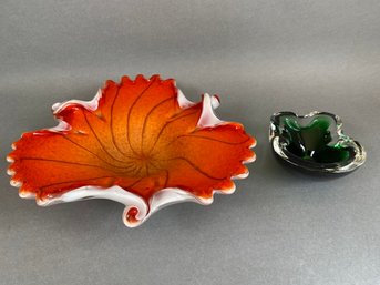 Murano Glass Leaf Shaped Dish With Green Murano Ash Tray