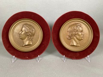 Mozart And Beethoven Cast Metal Roundels Or Metals Mounted On Velvet Covered Wood