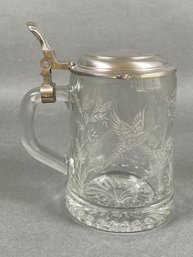 Etched Glass And Pewter Covered Beer Stein