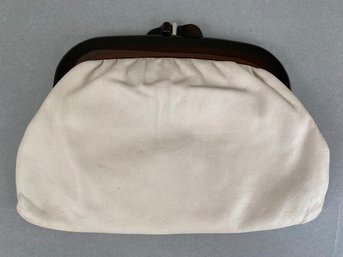 Vintage Leather Clutch In Ivory With Brown Plastic Closure