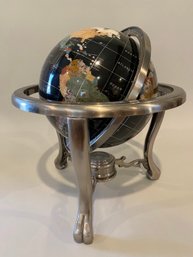 Unique Art Black Onyx Semiprecious Stone Inlaid Globe With Metal Paw Footed Base