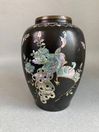 Black Lacquer Brass Vase With Mother Of Pearl Inlaid Detail