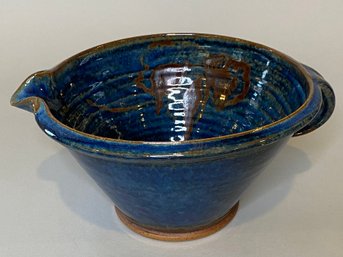 Cobalt Blue Glazed Stoneware Batter Bowl, Signed