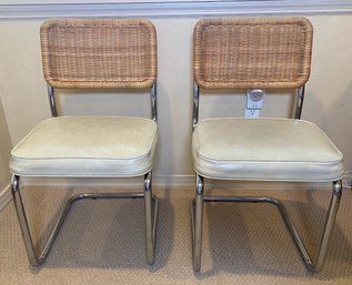 Pair Of Wythe Upholstery Co., Inc. Cantilever Chairs With Rattan Backs And Faux Leather Cushions