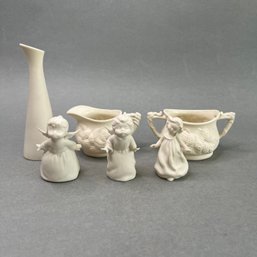 Collection Of Portmerion Parian Biscuit Porcelain Items: Bud Vase, Sugar Bowl, Creamer And 3 Figurines