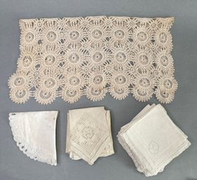 Vintage Linen Napkins And Crochet Doily