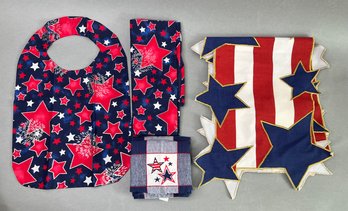 Group Of Patriotic Linens: Lillian Vernon Table Runner (1), Dish Towels (2), Constance Bernardi Bibs (6)