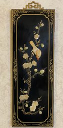 Vintage Chinese Black Lacquered Panel With Applied Carved Hard Stones