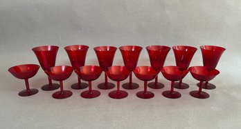 Red Glass Coupe Glasses (7) And Wine Glasses (7)