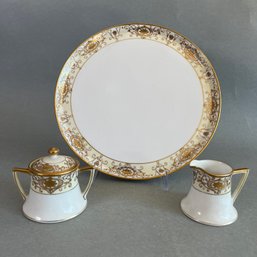 Noritake 175 Nippon Japan Hand Painted Porcelain And Gold Sugar Bowl, Creamer And Round Platter