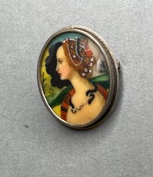 Vintage 800 Silver And Enamel Portrait Brooch-necklace