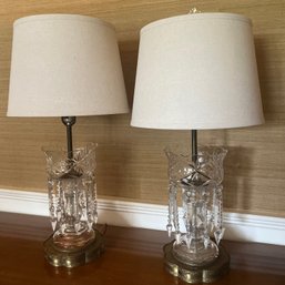 Pair Of Crystal Lusters Now Mounted As Lamps, Circa 1940