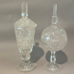 Vintage Pressed Glass Covered Vase And One Covered Candy Dish, Circa 1940