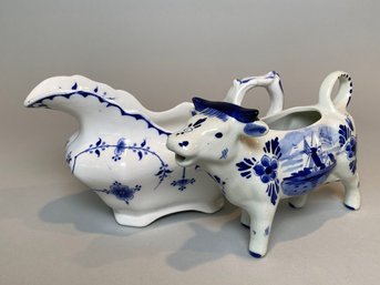 Blue And White Serving Pieces,  Including: A Delft Cow Pitcher & Allertons 'Stockholm' Gray Boat