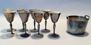 W.M. Mounts Silver Plate Hammered Wine Goblets With Meriden SP Company Hammered Ice Bucket