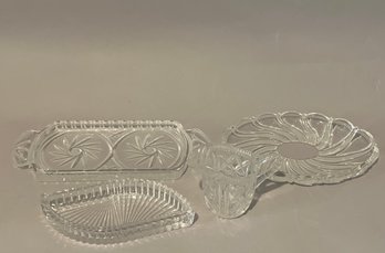 Set Of Four Pressed Glass Items: 3 Trays One Creamer