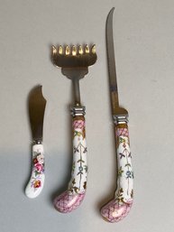 Vintage Stainless Steel/Porcelain Handle Serving Set With Royal Crown Derby Cheese Knife