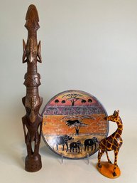 African Soapstone Bowl, Ancestral Totem From Ramu River Papua, New Guinea,  And Hand Carved Wood Giraffe