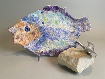 Janet Jaffa, Painted Fish Dish, 1997 And Silver Seagull Rock Sculpture