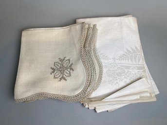 Two Sets Of Linen Napkins And One Tablecloth With Embroidery