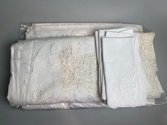 Two Vintage Cotton Tablecloths And Matching Napkins (10) In Cream/Ivory