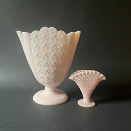 Two Midcentury Fenton Pink Milk Glass Fan Vases, Hobnail And Daisy & Button Patterns, C 1950-60s