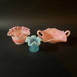 Vintage Fenton Glass: Rosaline Pink Butterfly Dish, Basketweave Bowl And Opalescent Daisy & Button Top Hat