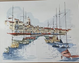 St. Tropez, Watercolor, Signed Dedic, Circa 1950