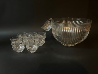 Vintage Midcentury Colony Glass Starlight Pressed Glass Punch Bowl With Nine Matched Hook Handle Cups