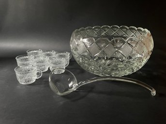 Vintage LE Smith Pressed Glass Holiday Pattern Punch Bowl With Original Ladle And Seven Matched Punch Cups