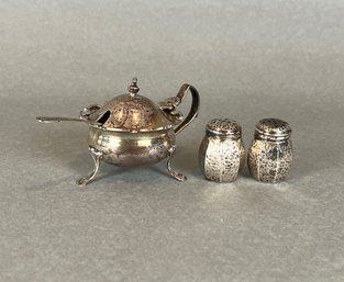 Webster & Company Sterling Silver Salt Cellar, Spoon And Shakers