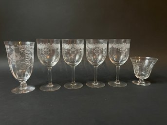 Set Of Four 1920s Monogah Glass Etched Wine Glasses And Two Additional Vintage Etched Glass Stems