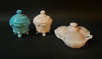 Vintage Milk Glass Serving Pieces: Cambridge Crown Tuscan Relish Dish, Jeanette Or Fenton Candy Jars