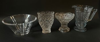 Group Of Vintage Clear Glass Serving Items: Pitcher, Bowl, Jelly Compote, Vase